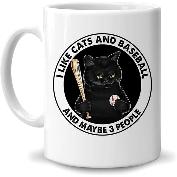 Black Cat I Like Cats And Baseball And Maybe 3 People 11oz White Ceramic Coffee Tea Mug, Gifts For Men, Women, Cat Lovers, Baseball Lovers, Baseball Players, On Birthday, Holiday