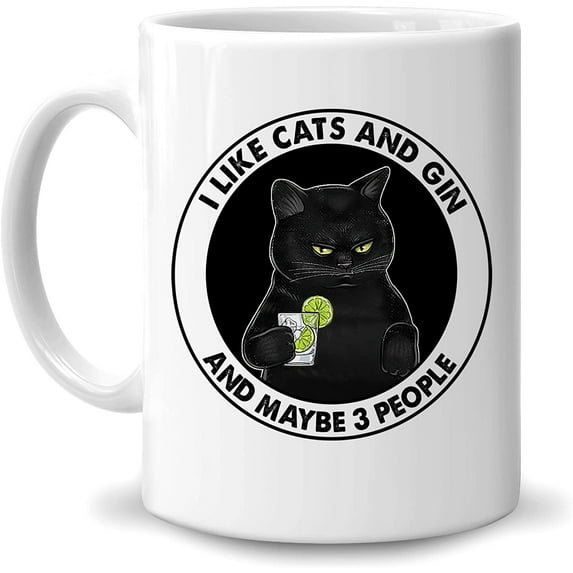 Black Cat I Like Cats And Gin And Maybe 3 People 11oz White Ceramic Coffee Tea Mug, Gifts For Men, Women, Cat Lover, Gin Lovers, Alcohol Lovers, Wine Lovers, On Birthday, Holiday