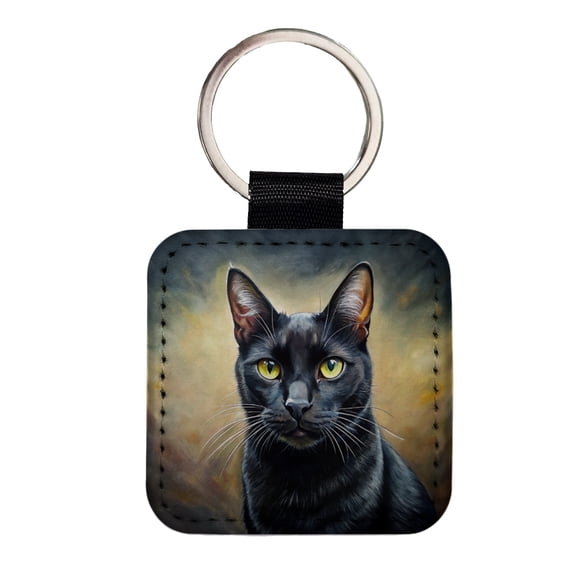 Black Cat Illustration Faux Leather Square Keychain