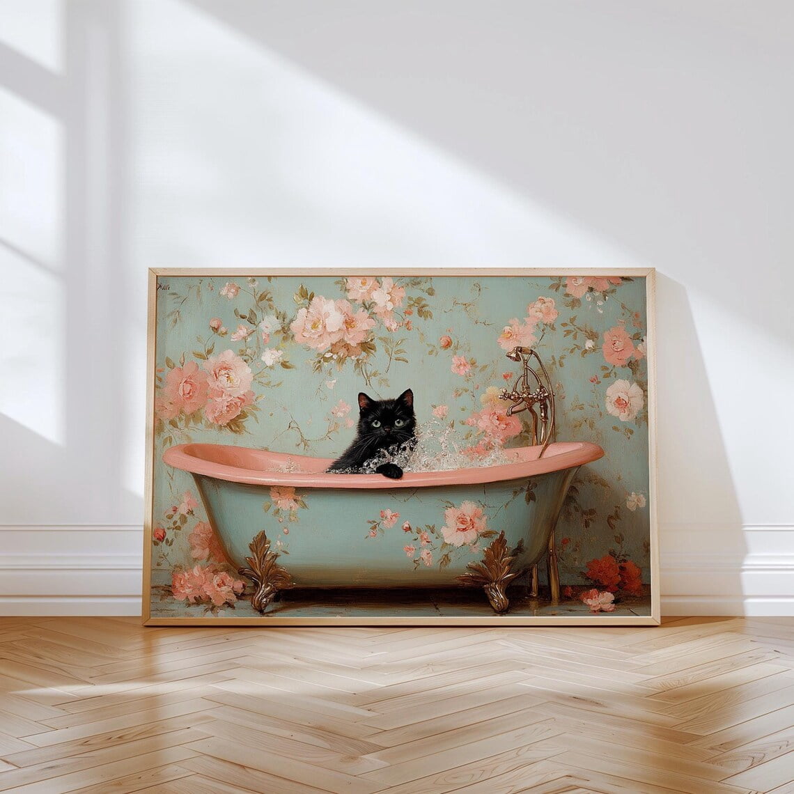 Black Cat In Bathtub Vintage Floral Roses Lover Poster, Bathroom And ...