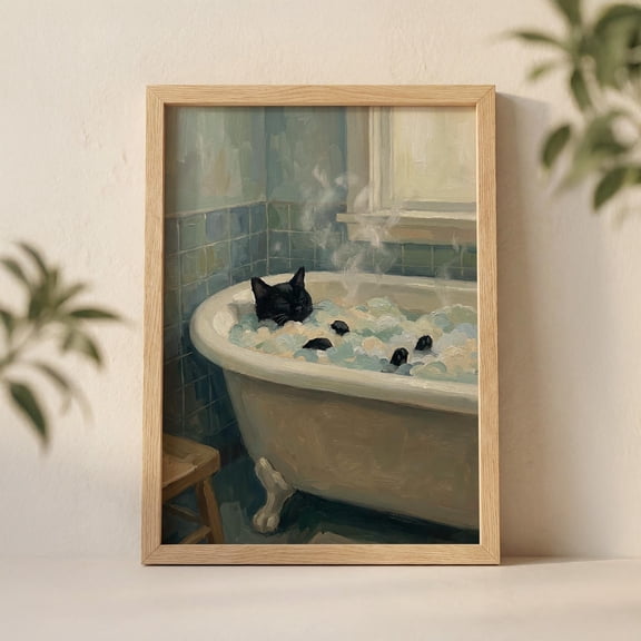 Black Cat In Bathtub Wall Art Print Cozy Bathroom Illustration With Blue Tiles And Bubble Bath