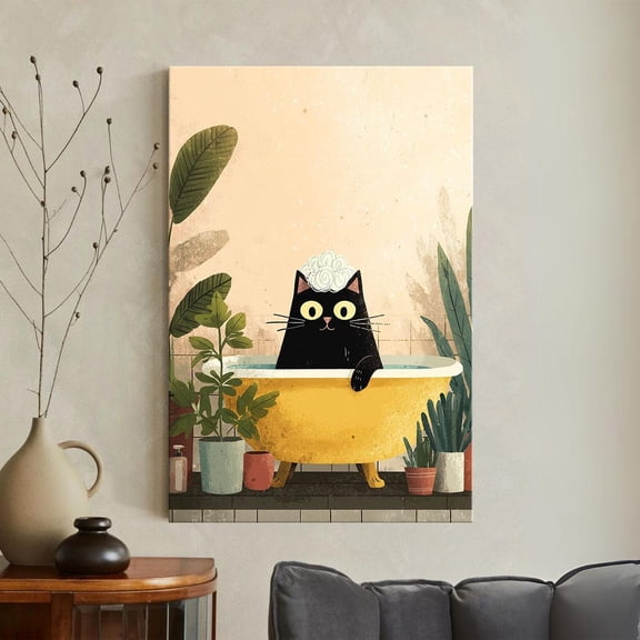 Black Cat In Bathtub Whimsical Boho Plant Spa Poster, Unframed Poster