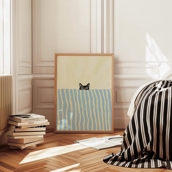 Black Cat In Bed Stripe: Homely Cosy Blue Yellow Hand Drawn Playful Wall Art Physical Print