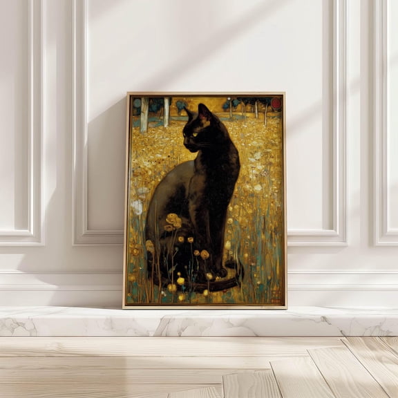 Black Cat In Flower Meadow Vintage Wall Art Elegant Cat For Eclectic Home Style, Unframed Paper Print
