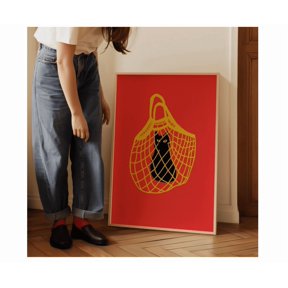 Black Cat In Mesh Bag Art Print Quirky Minimalist Cat Poster Home Decor Office Wall Art
