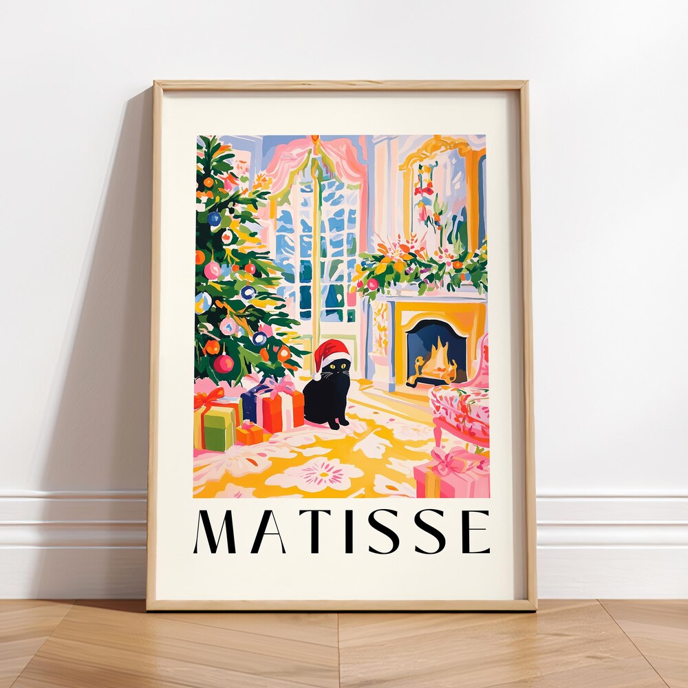 Black Cat In Santa Hat, Henri Matisse Christmas Print, Funny Cat Art