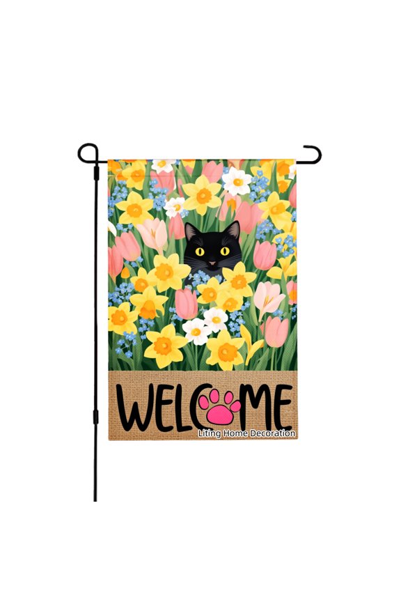 Black Cat In Spring Flowers Welcome Garden Flag For Home Outdoor Garden Yard Decor 12x18 Inch