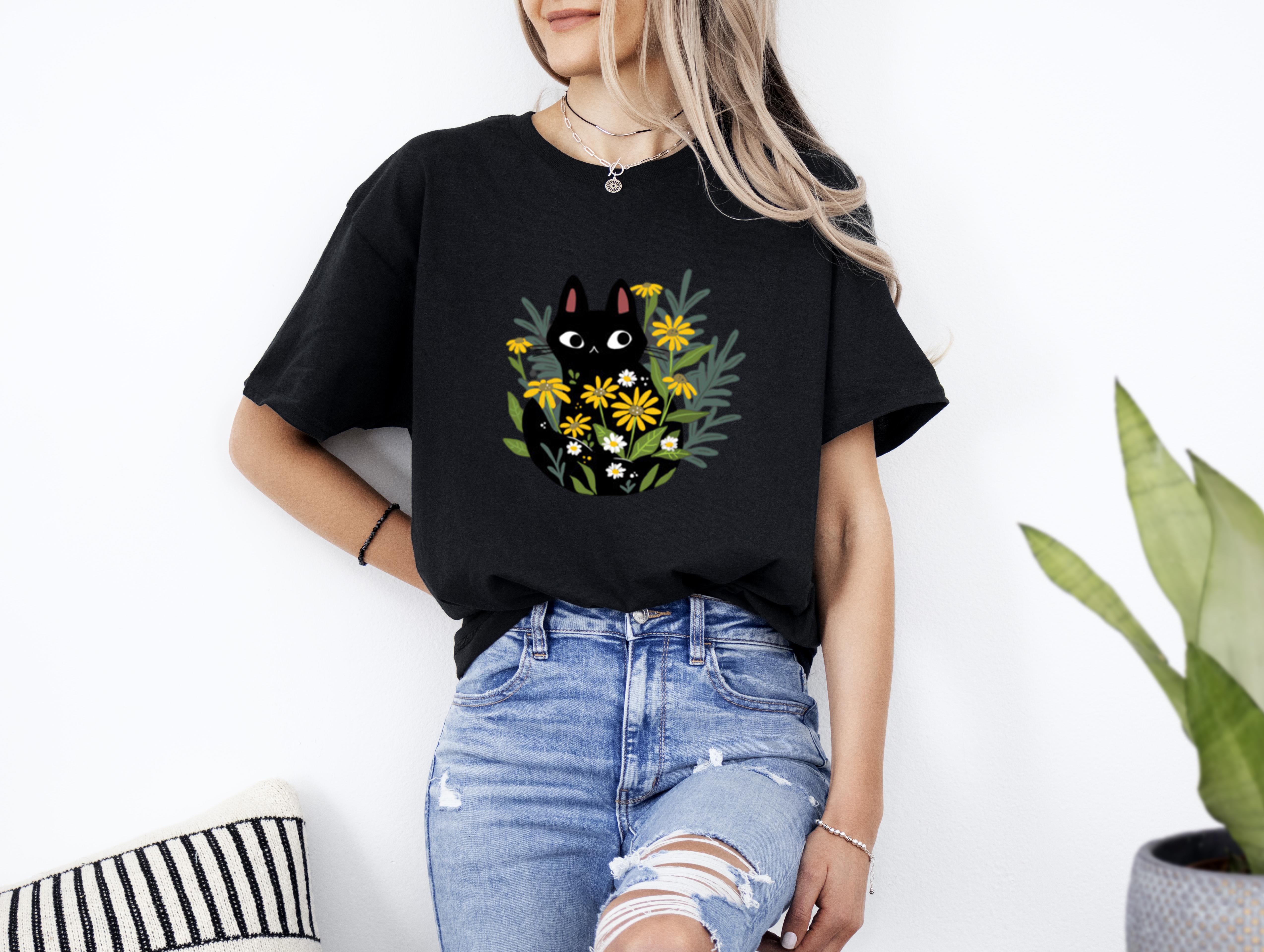 Black Cat In The Flowers Floral Feline Art Unisex T-Shirt, up to size ...