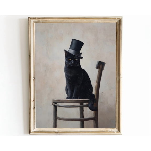 Black Cat In Top Hat Art Print: Retro Mid Century Whimsical Decor