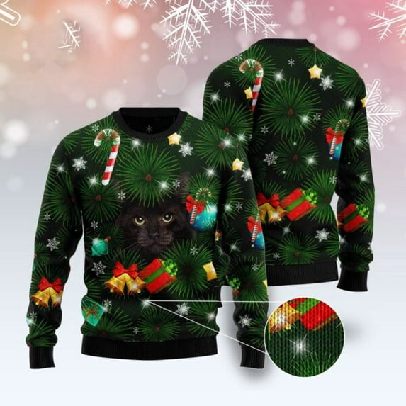 Black Cat Inside Tree Ugly Christmas Sweater, Christmas Cat Ugly Sweater, Ugly Cat Xmas Sweater