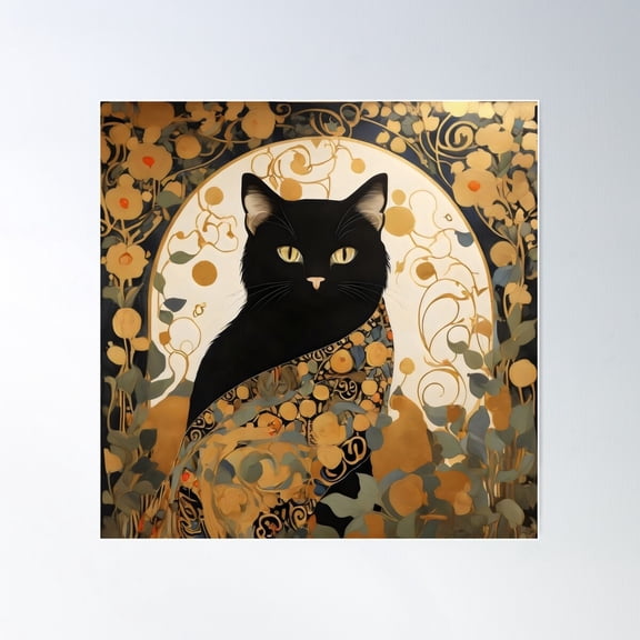 Black Cat Inspired By Gustav Klimt Poster Wall Art, Modern Wall Decor For Living Room Bedroom, 16x16 UNFRAMED