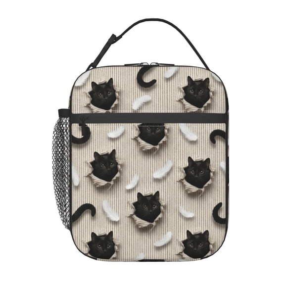 Black Cat Insulated Lunch Bag Reusable Lunch Box For Women Men Leakproof Thermal Meal Prep Tote With Clip-on Buckle Handle For Backpack Side Pocket For Work Office Picnic Travel