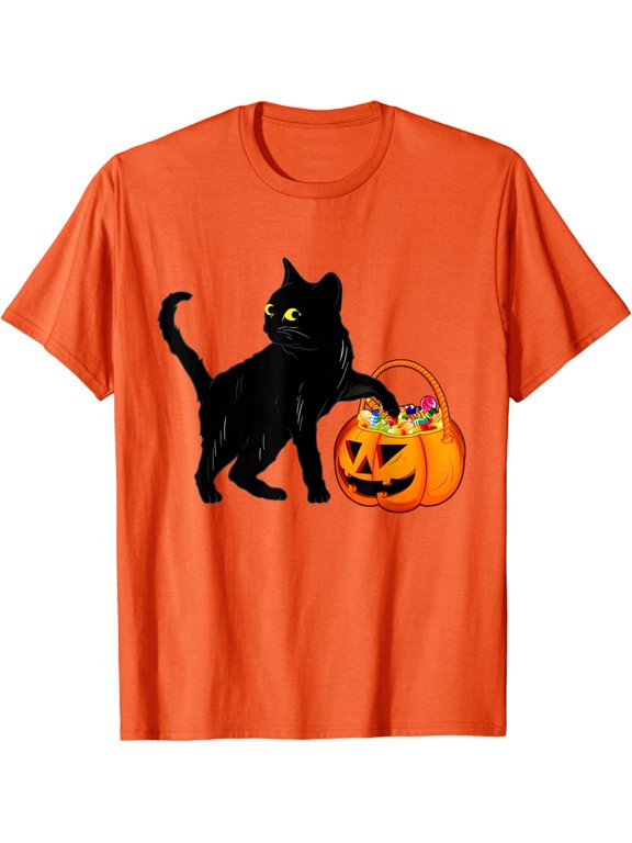 Black Cat Jack Lantern Pumpkin Sweet Candy Halloween Holiday T-Shirt, Size S-5XL