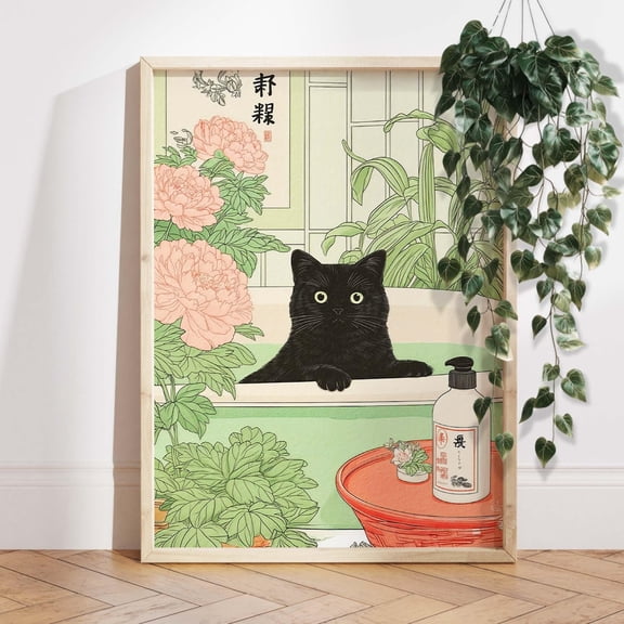 Black Cat Japanese Bath Floral Bathroom Wall Picture, Unframed Canvas 24x36in