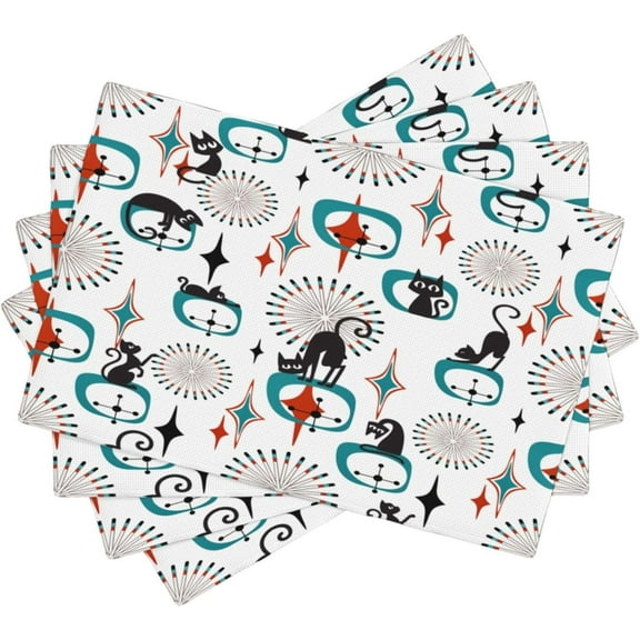 Black Cat Kitchen Placemats Modern Vintage 70s Mid-Century Geometric Art Atomic Star Explosion Placemats Table Dining Party 12x18 Inch Set of 4