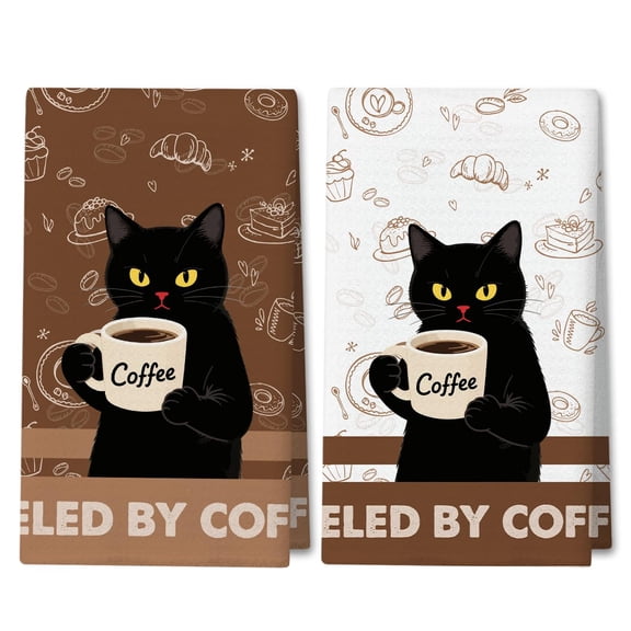 Black Cat Kitchen Towels Decorative Set of 2, Vintage Coffee Towel Hand Towels Highly Absorbent Dish Cloths 18x26 Inches, Bathroom Dining Room Decor, Cat Lovers Gifts