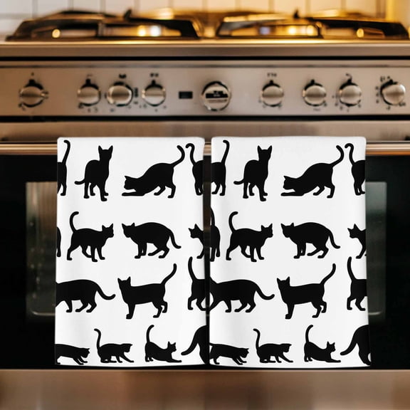 Black Cat Kitchen Towels Set of 2, Modern Cartoon Animals Minimalist Absorbent Dish Towels for Kitchen, Microfiber Hand Towel, Quick Drying Tea Towel for Cleaning Decorative Dishcloths