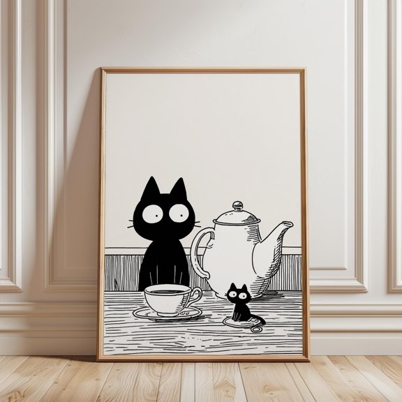 Black Cat Kitten Tea Time Art Print Minimalist Kitchen Wall Decor Home Decor Office Wall Art