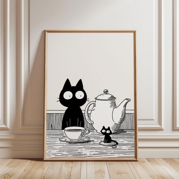 Black Cat Kitten Tea Time Art Print Minimalist Kitchen Wall Decor, Unframed Paper Print