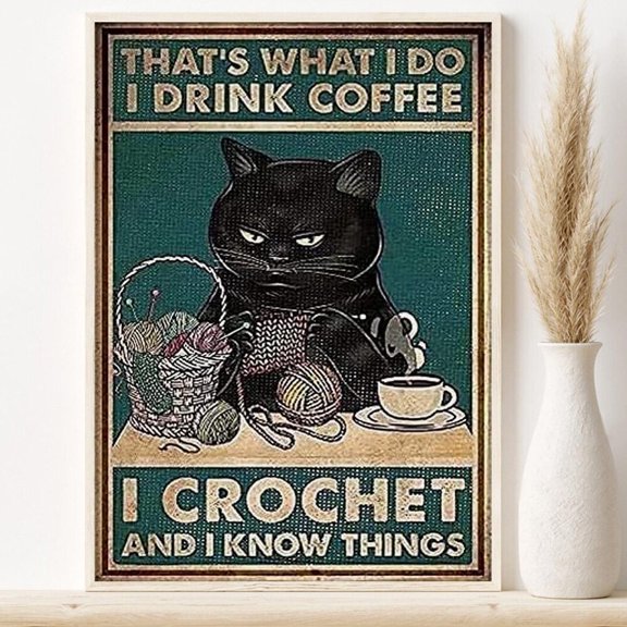 Black Cat Knitting Coffee Crochet Poster