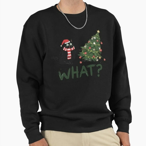 Black Cat Knocking Over Christmas Tree Graphic Unisex Sweatshirt Retro Vintage Art G22360, Up to Size 5XL