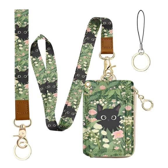 Black Cat Lanyard Wallet with Id Badge Holder, Cute Flower Zippered Coin Pouch Credit Card Holder, Women Small Wallet with Removable Wristlet & Neck Lanyard, 5 Card Slots, Ring Keychain