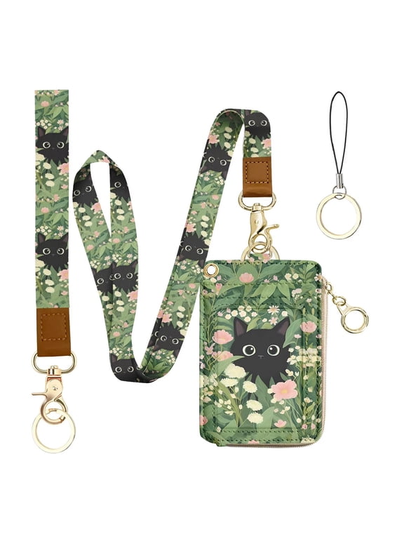 Black Cat Lanyard Wallet with Id Badge Holder, Cute Flower Zippered Coin Pouch Credit Card Holder, Women Small Wallet with Removable Wristlet & Neck Lanyard, 5 Card Slots, Ring Keychain