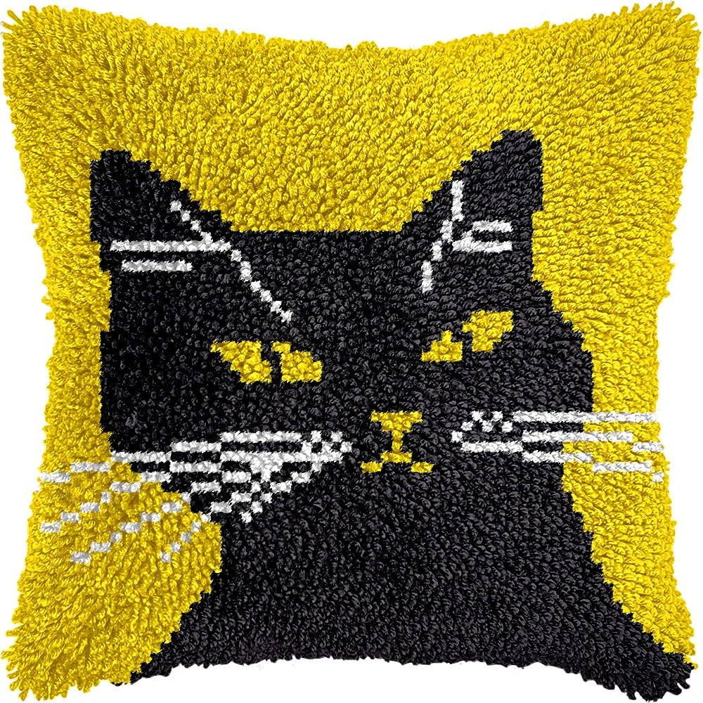 Black Cat Latch Hook Kits Pillow DIY Pillowcase Crochet Hook Cushion Making Kits with Preprinted Pattern Canvas Instruction Yarns Pillow Cover Easy Starter DIY Crochet Kits 43x43cm（L25)