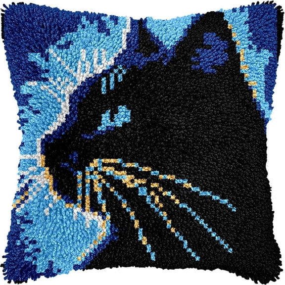 Black Cat Latch Hook Kits Pillow DIY Rug Crochet Hook Cushion Making Kits with Preprinted Pattern Canvas Instruction Yarns Pillow Cover Easy Starter DIY Crochet Kits 43x43cm de45)
