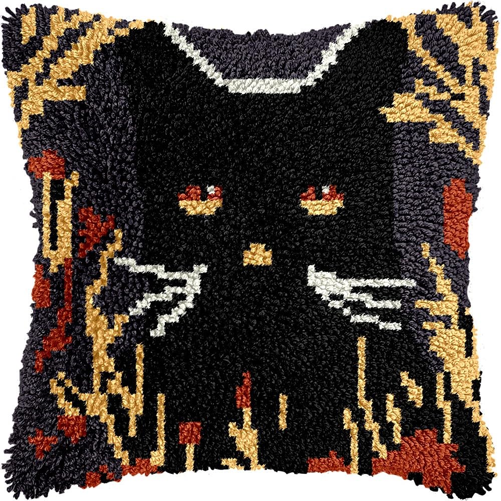 Black Cat Latch Hook Kits Pillow kits Cushion Throw Pillow Embroidery Craft Kits DIY Kits of DIY Hooking Pillowcase Cover Supplier with Color Printed Canvas 43x43cm (20)