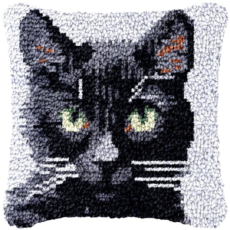 Black Cat Latch Hook Pillow Cover Kits for DIY Handmade Throw Pillow Cross Stitch Latch Hook Pillowcase Rug Kits with Preprinted Color Pattern Canvas Crochet Yarn Kits 17''X 17''(fv15)