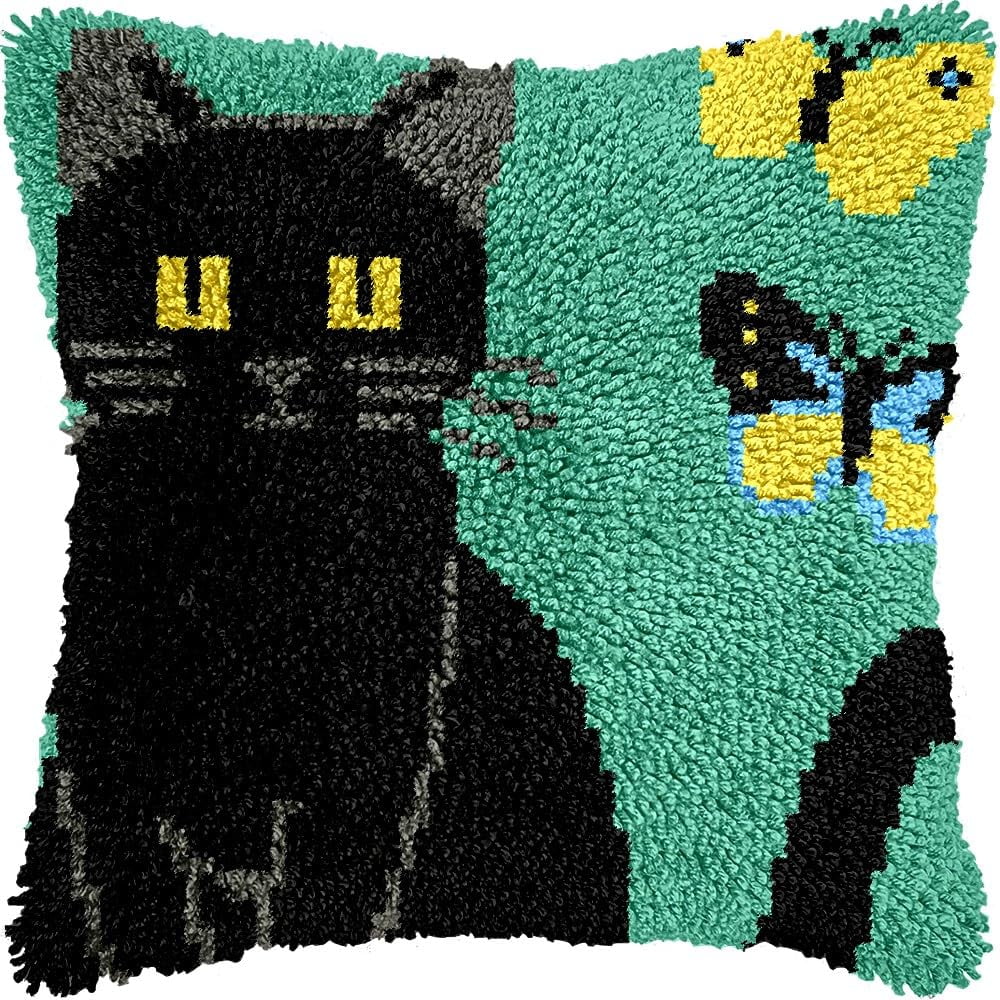 Black Cat Latch Hook Pillow Cover Kits for DIY Handmade Throw Pillow Cross Stitch Latch Hooking Pillowcase Kits with Preprinted Color Pattern Canvas Crochet Yarn Kits 17''X 17''(8-59)