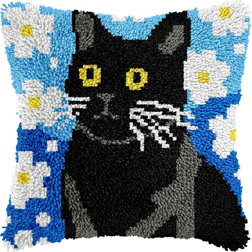 Black Cat Latch Hook Pillow Cover Kits for DIY Handmade Throw Pillow Cross Stitch Latch Hooking Pillowcase Kits with Preprinted Color Pattern Canvas Crochet Yarn Kits 17''X 17''(8-32)