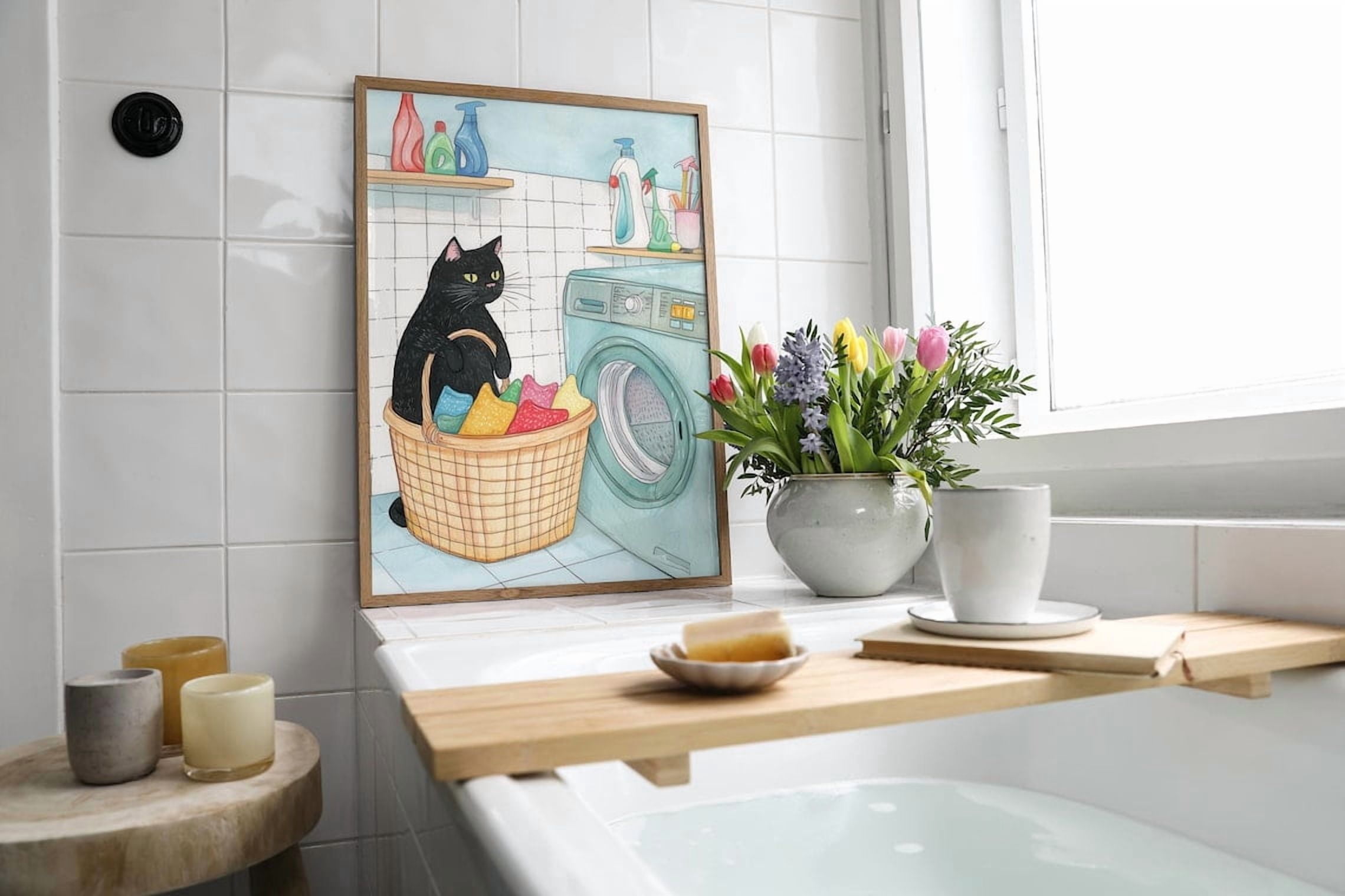 Black Cat Laundry Cute Cat Illustration Farmhouse Laundry Room Wall Art ...