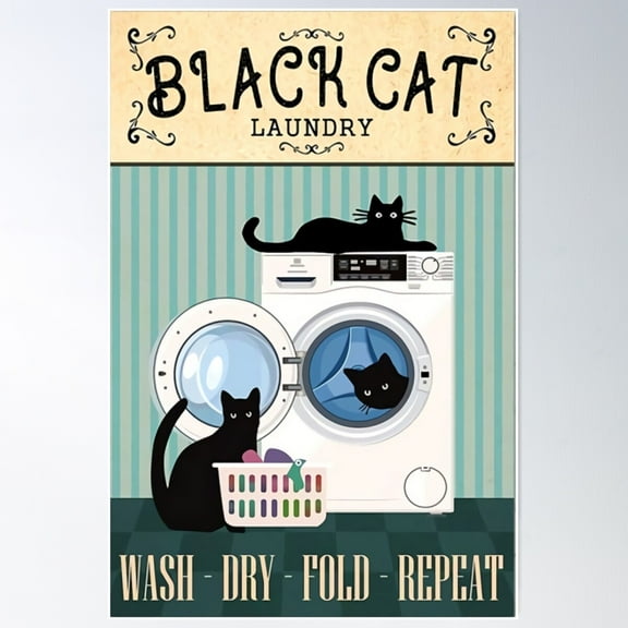 Black Cat Laundry Poster Wall Art, Modern Wall Decor For Living Room Bedroom, 24x36 UNFRAMED