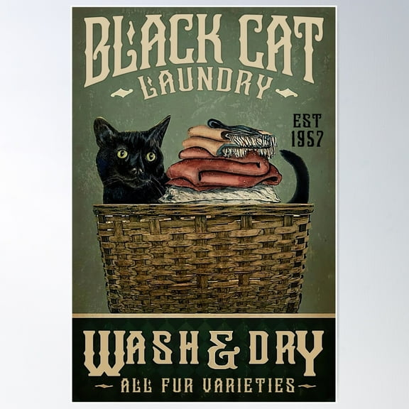 Black Cat Laundry Wash And Dry Poster Wall Art, Modern Wall Decor For Living Room Bedroom, 12x18 UNFRAMED