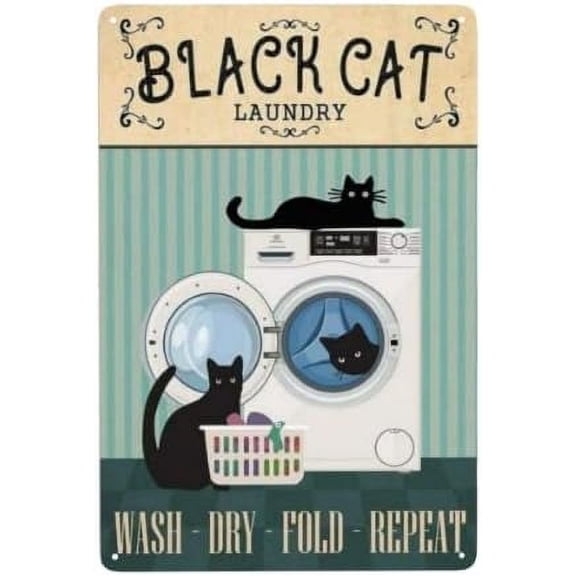 Black Cat Laundry Wash Dry Fold Repeat Laundry Room Decor Home Decor Metal Tin Sign Vintage Bathroom Posters Wall Plaque Retro Art Tin Sign 8x12 Inch