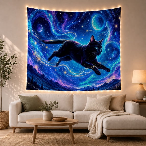 Black Cat Leaping in Cosmic Nebula Under Moon, Dreamy Fantasy for Space Lovers, Celestial Wall Art, Housewarming Gift, Tapestry Wall Hanging for Living Room and Bedroom