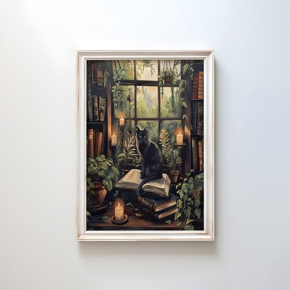 Black Cat Library Dark Academia Cottagecore Decor Art Print, Unframed ...