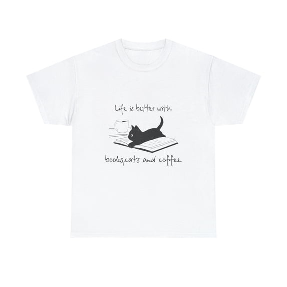 Black Cat Life is Better with Coffee, Cats and Books Meowy Funny T-Shirt