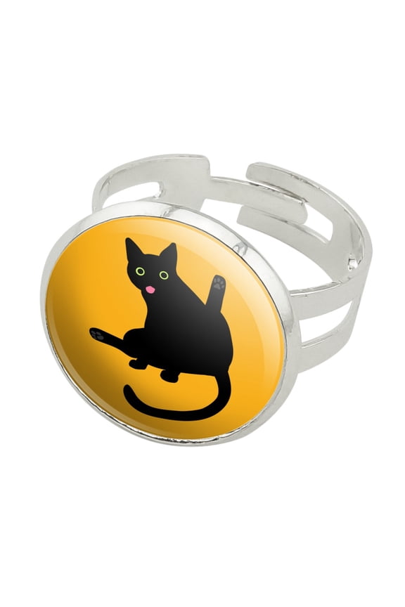 Black Cat Lifting Leg and Licking Silver Plated Adjustable Novelty Ring