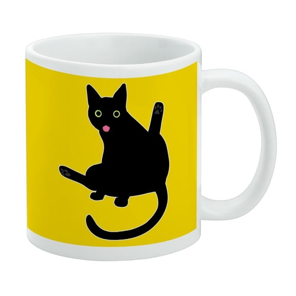 Black Cat Lifting Leg and Licking White Mug