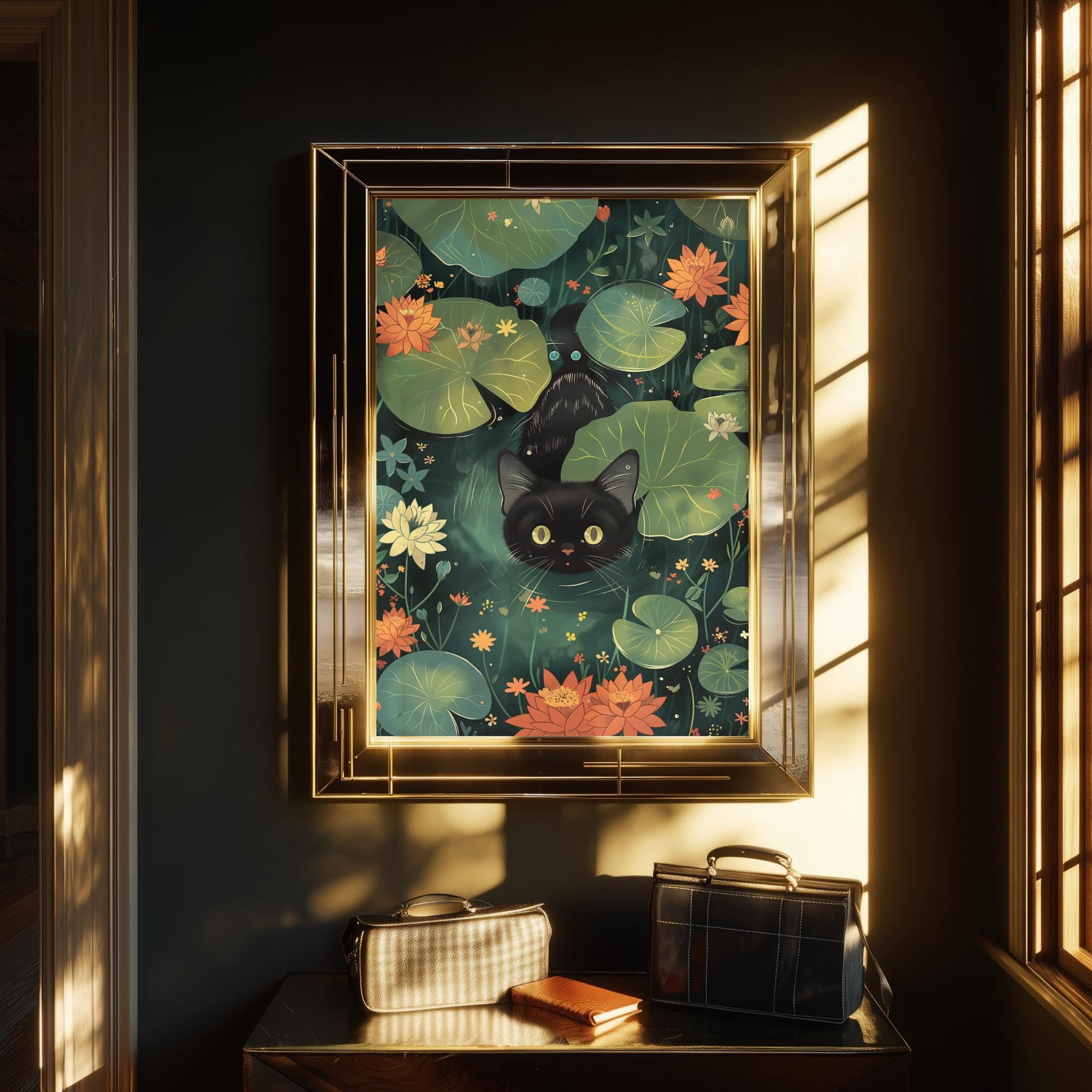 Black Cat Lily Pond Poster Japanese Style Animal Wall Art Print ...