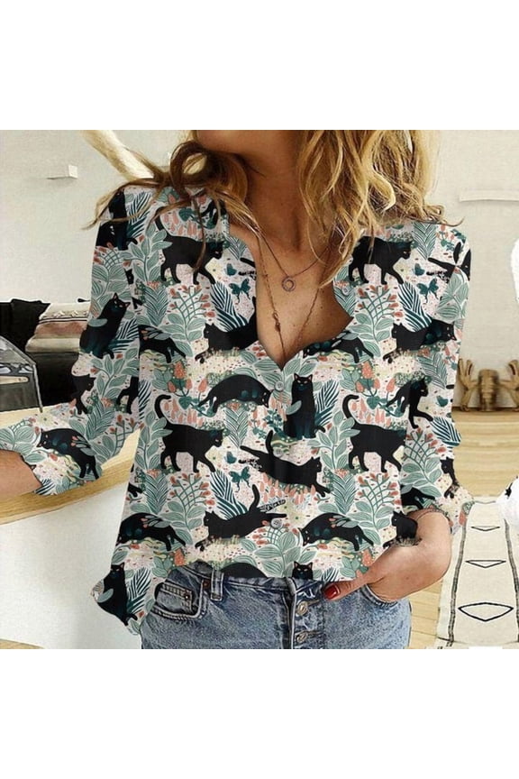 Black Cat Linen-Look Shirt, Floral Cat Blouse Women Shirt, Cat Blouse, Cat Mom Shirt, Button Down Shirt For Vacation
