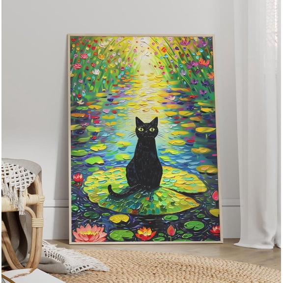 Black Cat Lotus Botanical Wall Art Water Lily Style Decor, Unframed Paper Print Size 8x12