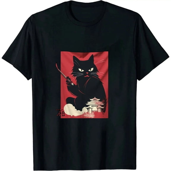 Black Cat Love Ramen Anime Japanese Red Sunset Retro T-Shirt