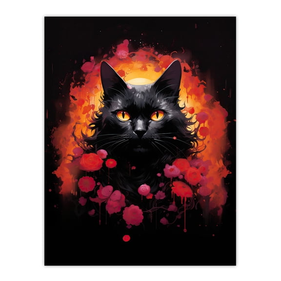 Black Cat Lover Gift Pet Portrait Red Roses Orange Flames Artwork Painting Extra Large XL Wall Art Poster Print