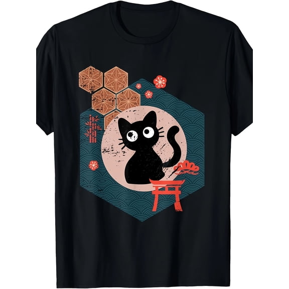 Black Cat Lover Japanese Kitten Anime Tokyo Otaku Lifestyle T-Shirt220g