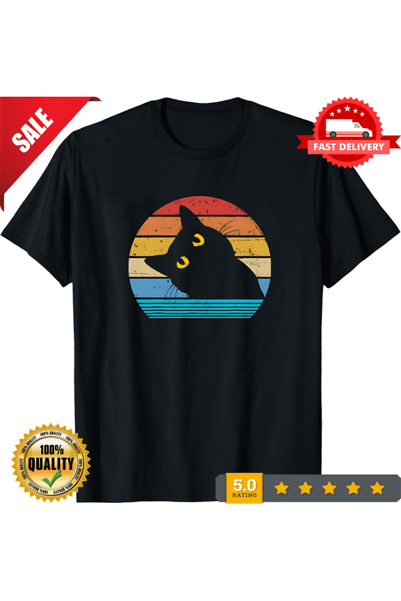 Black Cat Lover Vintage Style Cats Cute Kitty Men's T-Shirt Gift Retro Tee New, ULTRA LIMITED-TH68574