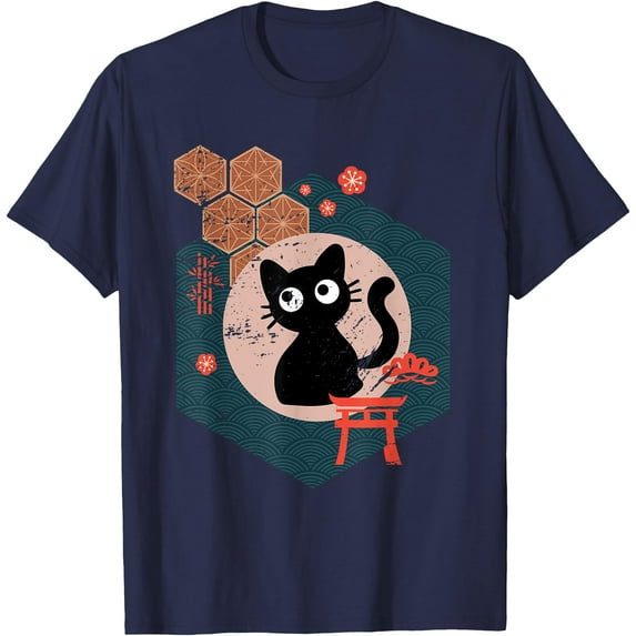 Black Cat Lover japanese kitten anime Style tokyo otaku lifestyle Unisex T-Shirt for Men Women Kids Toddler,Navy Color,Size 3T